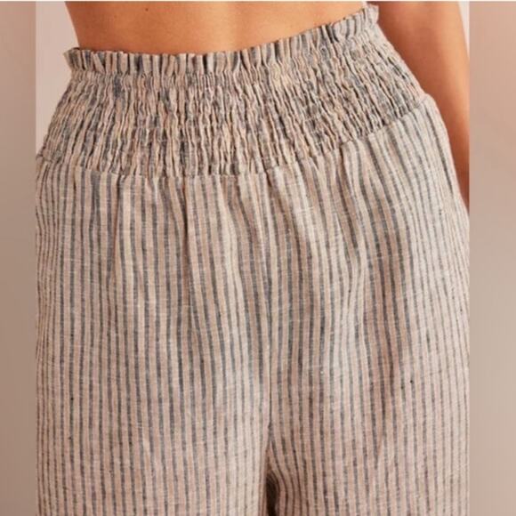 NWT Boden Linen Shirred Waist Camel and Black Lurex Stripe Wide Leg Trousers 4 - Picture 11 of 16